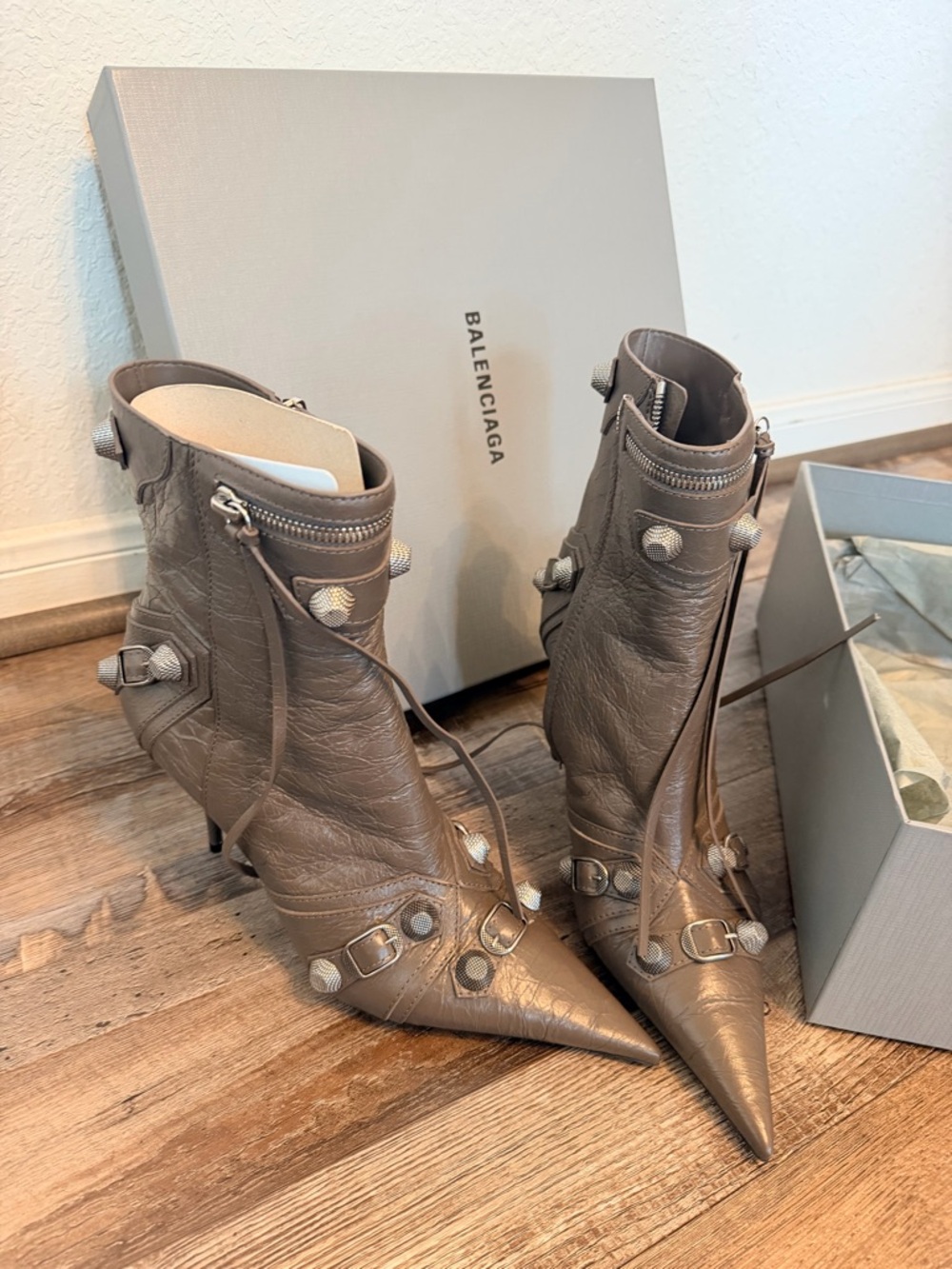 Balenciaga Taupe Pointed Leather Ankle Boots with Stud Accents